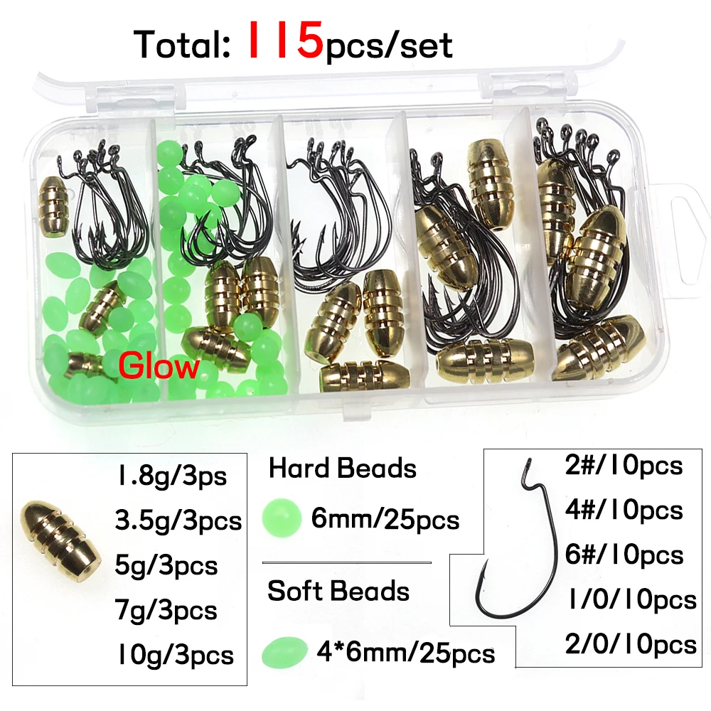 Elllv-Juego de caja de aparejos de pesca, aparejo de Texas, gusano de gran espacio, anzuelo, plomada de bala de cobre/peso, cuentas luminosas, broche rápido - imagen 2