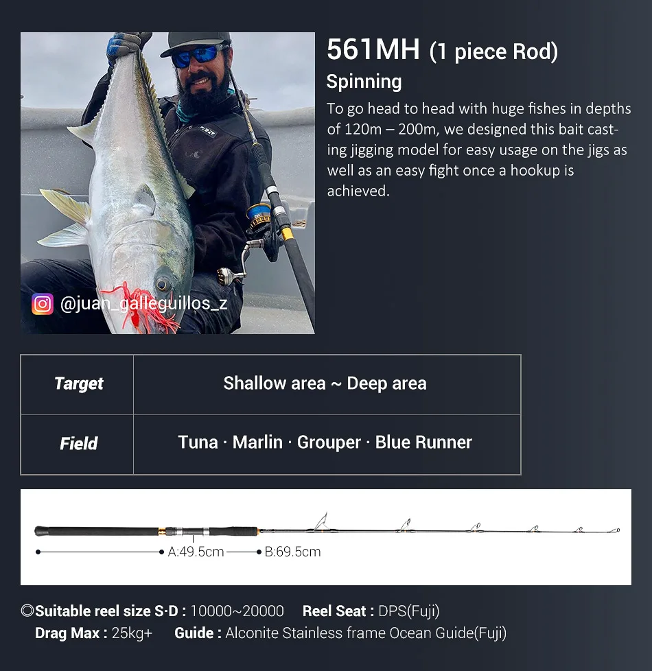 Experimente la emoción de la pesca de aguas profundas con la caña giratoria de 561MH diseñada para atacar atún, marlin, mero y corredor azul en aguas poco profundas y profundas