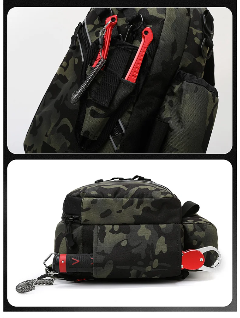 Una mochila de camuflaje con una cremallera roja