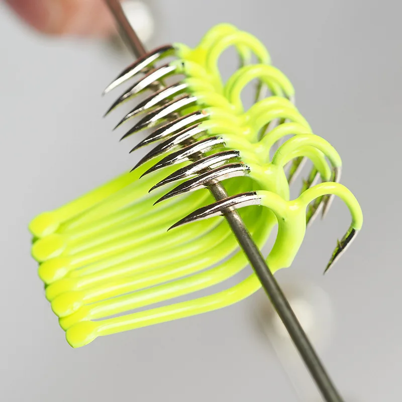 Anzuelo de Pesca de 10 piezas, anzuelo de lucha afilado con púas, de acero al carbono, color amarillo, de dos puntas resistentes