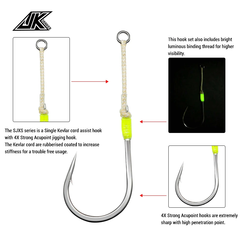 Anzuelo JK SJXS35 para pesca en el mar, 4/0, 5/0, 7/0, 9/0, 11/0, plantilla de asistencia 4X, anzuelo individual con agujero, aparejo de pesca brillante - imagen 4