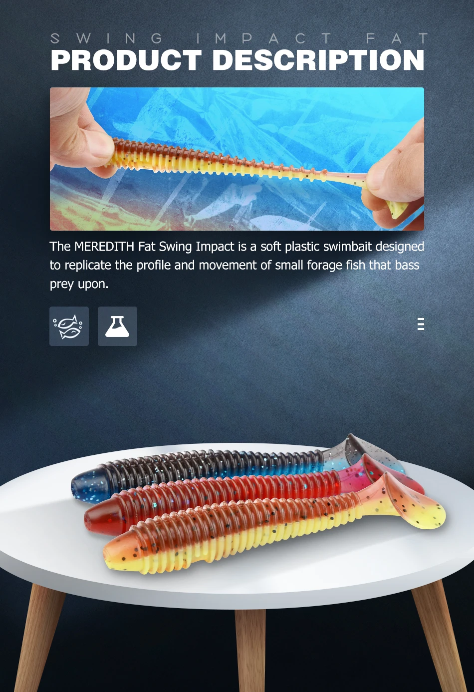 Señuelos blandos mostrando su acción de swing y aparejos Wobblers