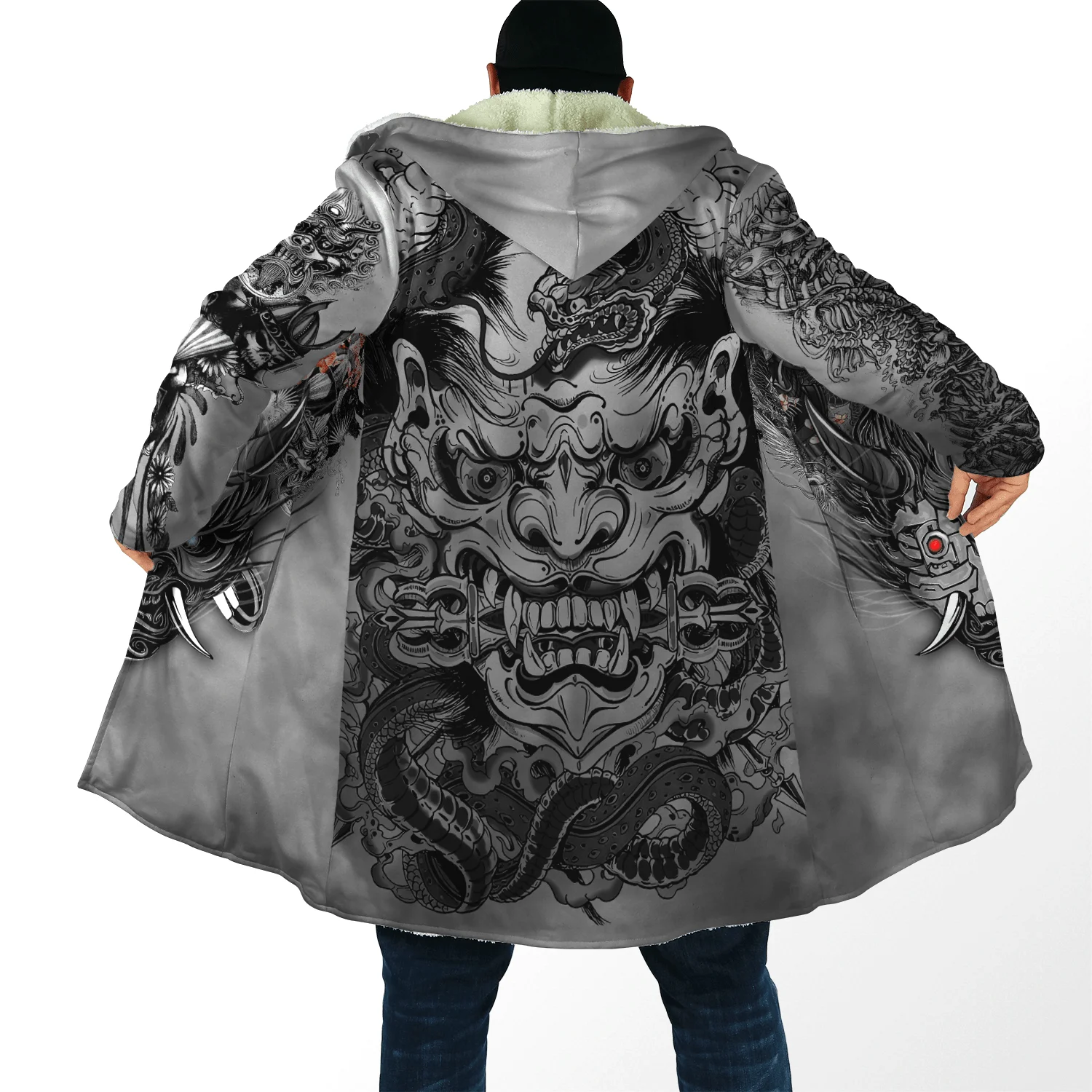 Capa de moda de invierno para hombre, capa con capucha de lana gruesa con estampado 3D de tatuaje de samurái, Geisha y León, capa cálida informal Unisex DP07 - imagen 5