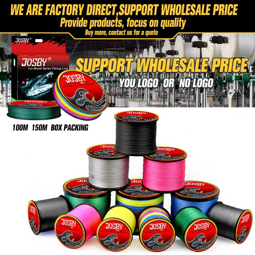 Una colección de carretes de hilo de pescar. Estos carretes tienen la marca JOSBY y están disponibles en varios colores, incluidos negro, plateado, amarillo, verde y rosa.