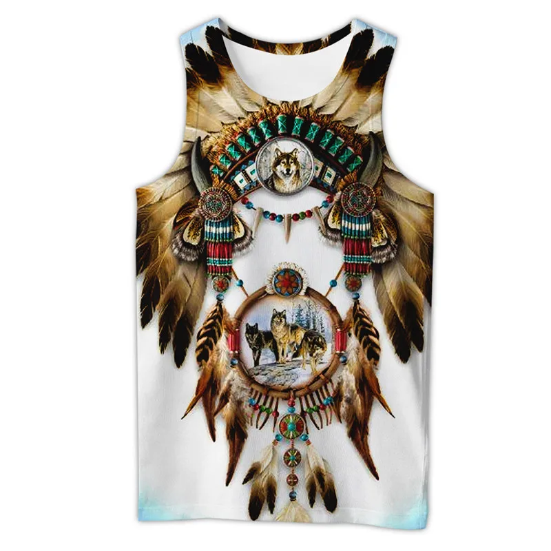 Camiseta con estampado 3D de lobo indio nativo para hombre, camiseta sin mangas a la moda Harajuku, ropa de calle de verano, camisetas sin mangas Unisex - imagen 2