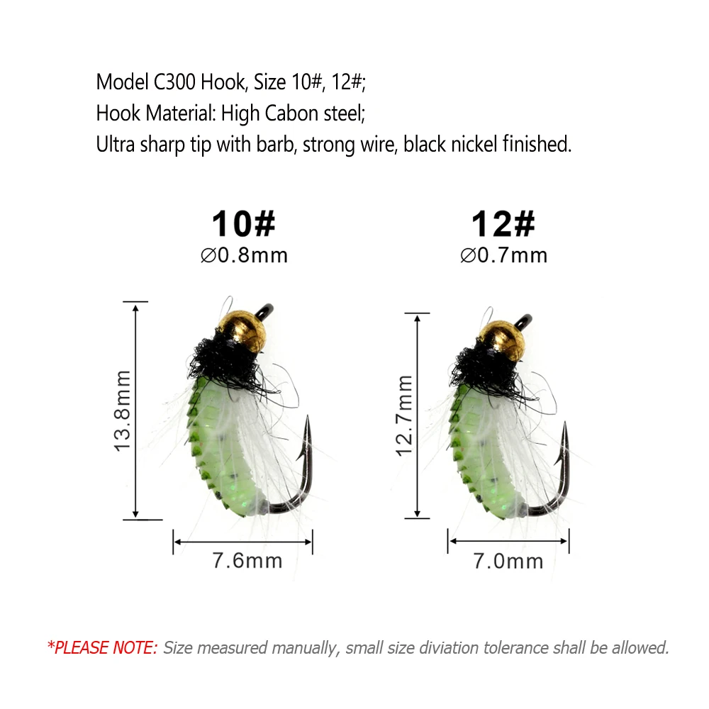 Bimoo 6PCS # 10 # 12 CDC pluma Hackle ninfa Scud mosca UV latón Beadhead insecto húmedo gusano trucha pesca cebo con mosca señuelo hundimiento rápido - imagen 4