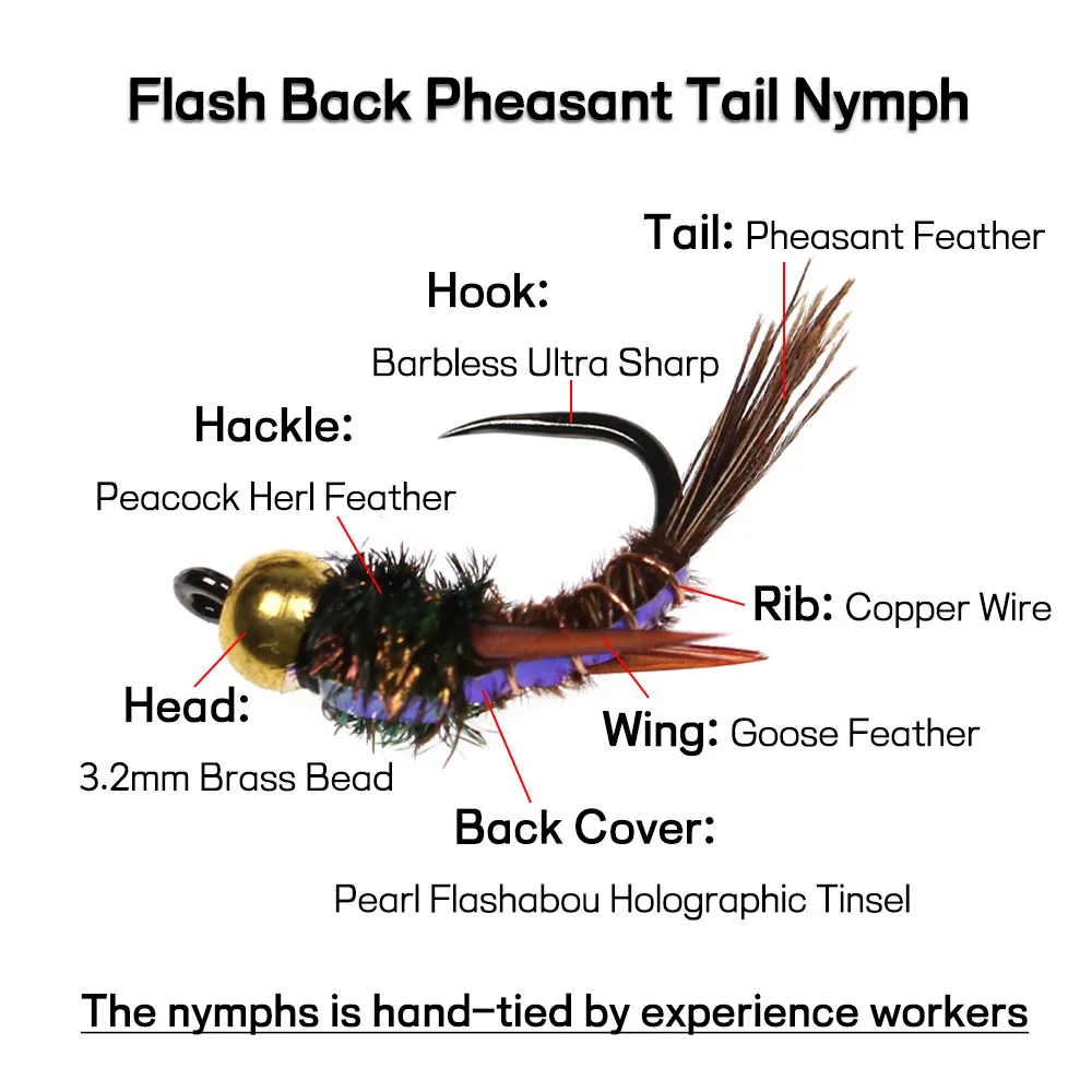 Bimoo 6PCS Brass Beadhead Flash Back Pheasant Tail Ninfas 12 # Cebos de señuelo de pesca de trucha con mosca hundimiento de alambre ponderado con gancho sin púas - imagen 2