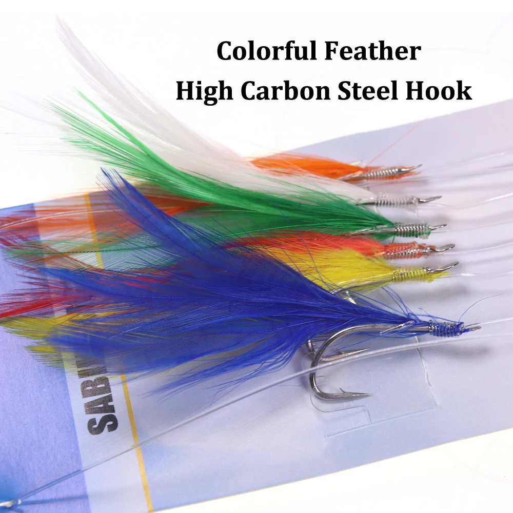 10 bolsas/lote # Aparejos Sabiki para pesca en el mar, cabeza de pluma/tubo de oropel/piel Flash, anzuelo de Jigging de acero rico en carbono, señuelo para arenque, 1/0 - imagen 2