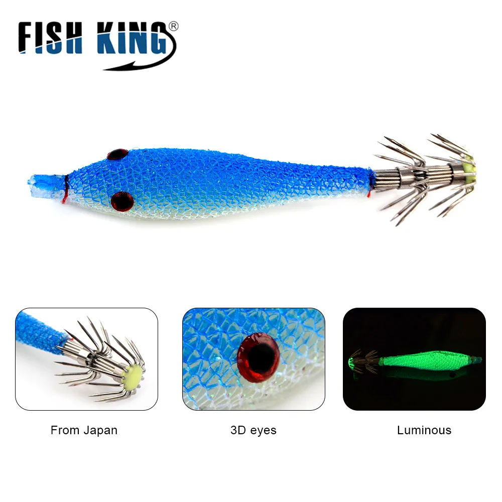 FISH KING 5 uds plantilla de calamar señuelo de pesca suave camarones de madera ojos 3D 7,8g 7cm anzuelo de calamar cebo Artificial pulpo pesca en el mar - imagen 4