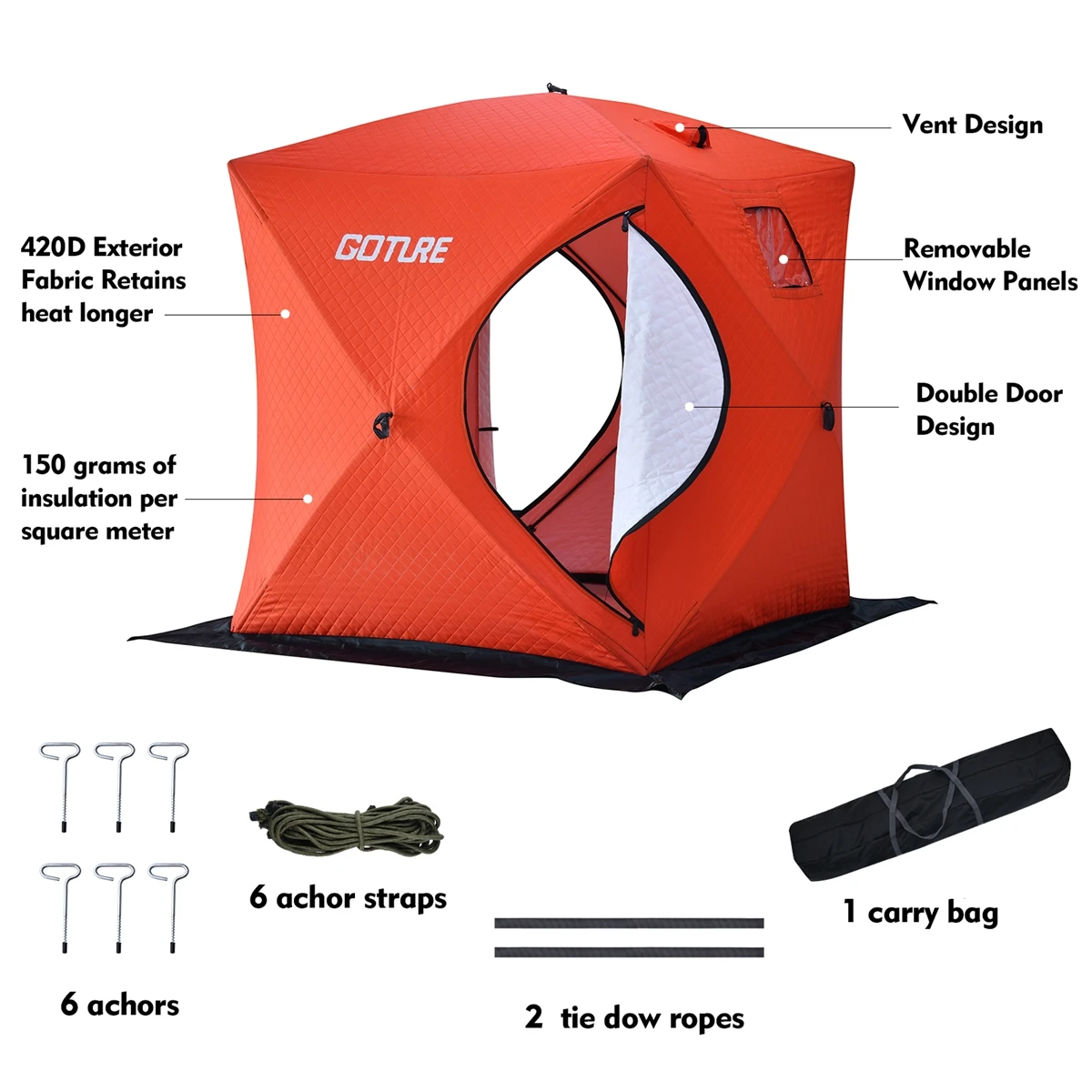 Goture-tienda de hielo aislada a prueba de viento para 3-4 personas, refugio de pesca en hielo, tienda de pesca de invierno con 2 puertas - imagen 3