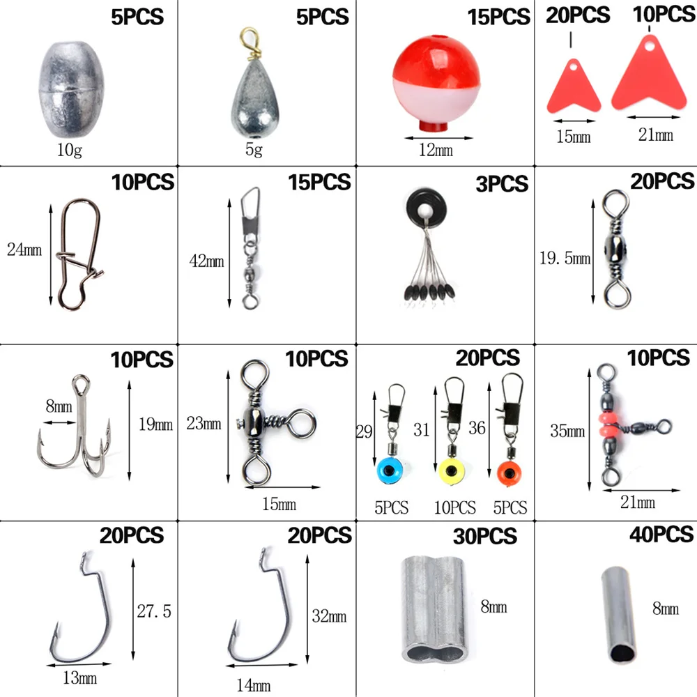 263 unids/set Kit de accesorios de pesca que incluye anzuelos, balas, lubina, pesas giratorias, broches, diapositivas, caja de aparejos
