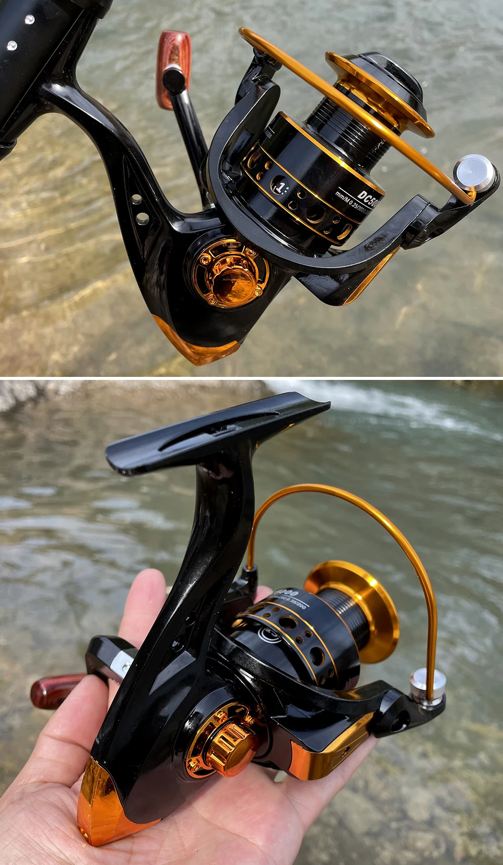 Un carrete de pesca, que es un dispositivo utilizado para enrollar y recuperar hilo de pescar. El carrete está diseñado con una combinación de colores negro y dorado, y parece ser un carrete giratorio, que se usa comúnmente para la pesca en agua dulce y salada.