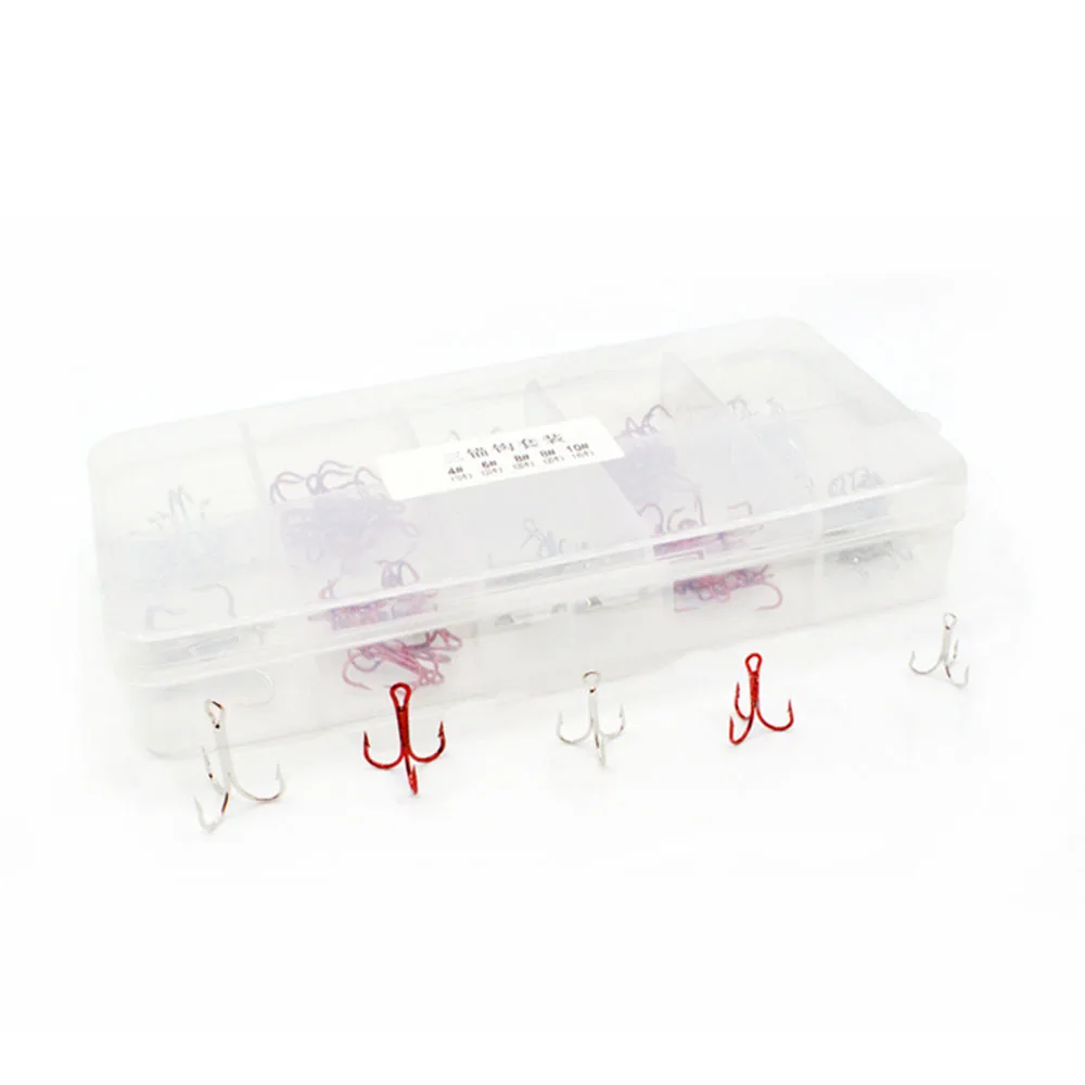 130 unids/caja anzuelos de aparejos de pesca blanco negro rojo anzuelos 4 # -10 #   Anzuelos de pesca triples de acero con alto contenido de carbono, accesorios para aparejos de mar - imagen 2