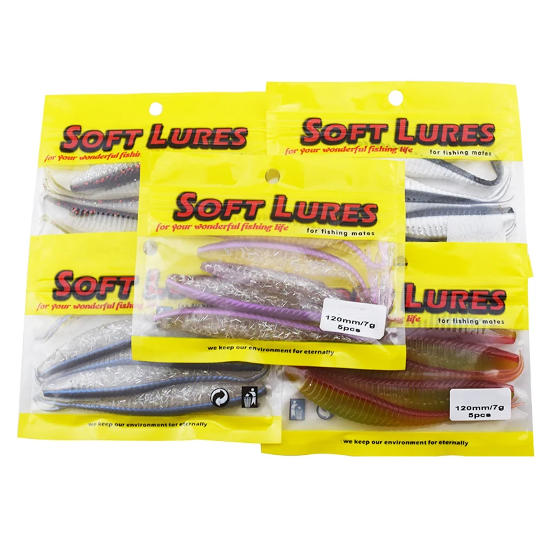 Señuelos biónicos blandos para Pesca, cebos artificiales de silicona de doble Color, aparejos Wobblers, cola de horquilla, 12cm, 7g, 5 unids/lote - imagen 4