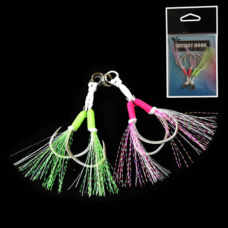 Anzuelo de asistencia de doble jiging, cabeza de plantilla de Metal, acero al carbono con pluma, 1/0, 3/0, 4/0, 5/0, 6/0, 2 unids/lote por paquete