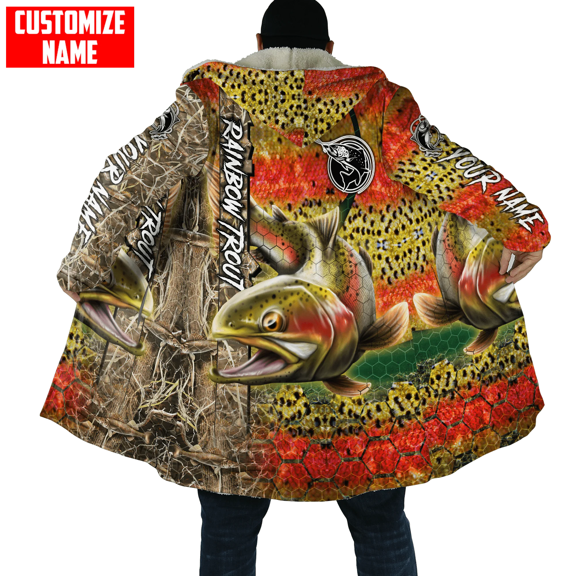 Capa de invierno para hombre con nombre personalizado, piel de pesca de trucha, camuflaje, estampado 3D, Abrigo con capucha de lana gruesa, capa cálida informal Unisex DP18 - imagen 2
