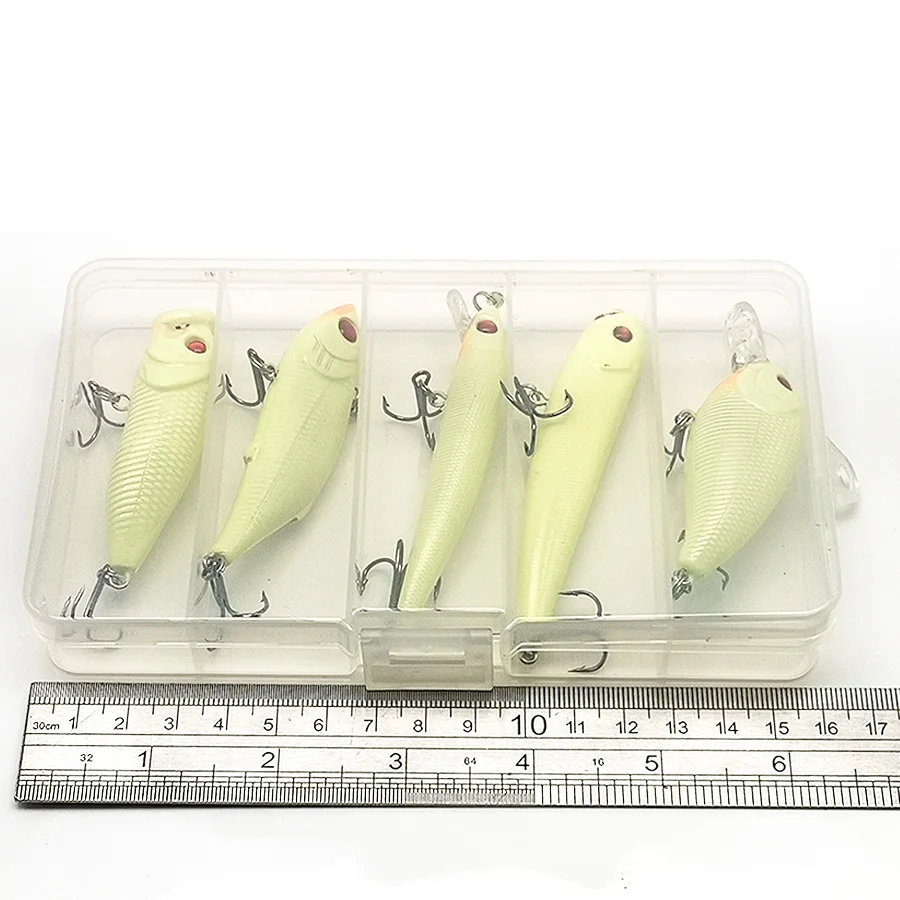 Kit de cebo duro/luminoso/falso/Artificial, caja de aparejos Wobbler, Minnow Popper, Crank Pencil Vib, juego de señuelos de pesca nocturna para invierno, 5 uds. - imagen 5