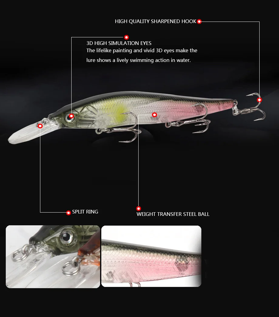 Señuelos de Pesca de pececillos, cebo Artificial flotante de labio grande, Wobblers, 135mm, 15,5g, ojos 3D, aparejos de pesca de lubina Jerkbait, 1 ud. - imagen 4