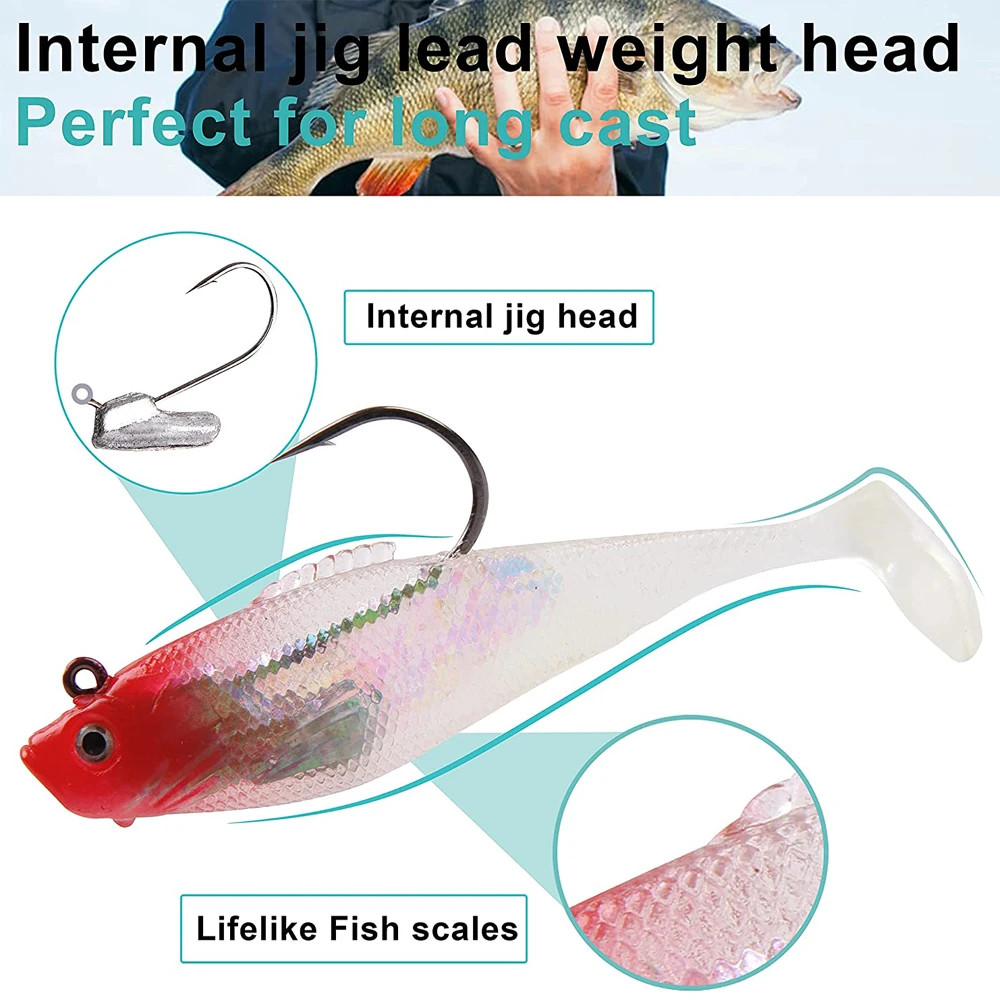 Kit de Señuelos de Pesca de lubina, cabezas de plantilla de plomo, cebo suave de agua salada, curricán, Swimbait para pesca de trucha, Lucio, 6cm, 8cm, 10cm, 8 piezas - imagen 5