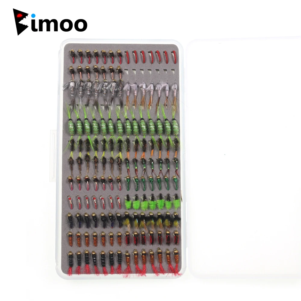 Bimoo 147 unids/caja Ninfa húmeda seca Señuelos de Pesca con mosca Kit cabeza de cuentas Ninfa Midge larva Stonefly trucha Grayling Señuelos de Pesca cebos