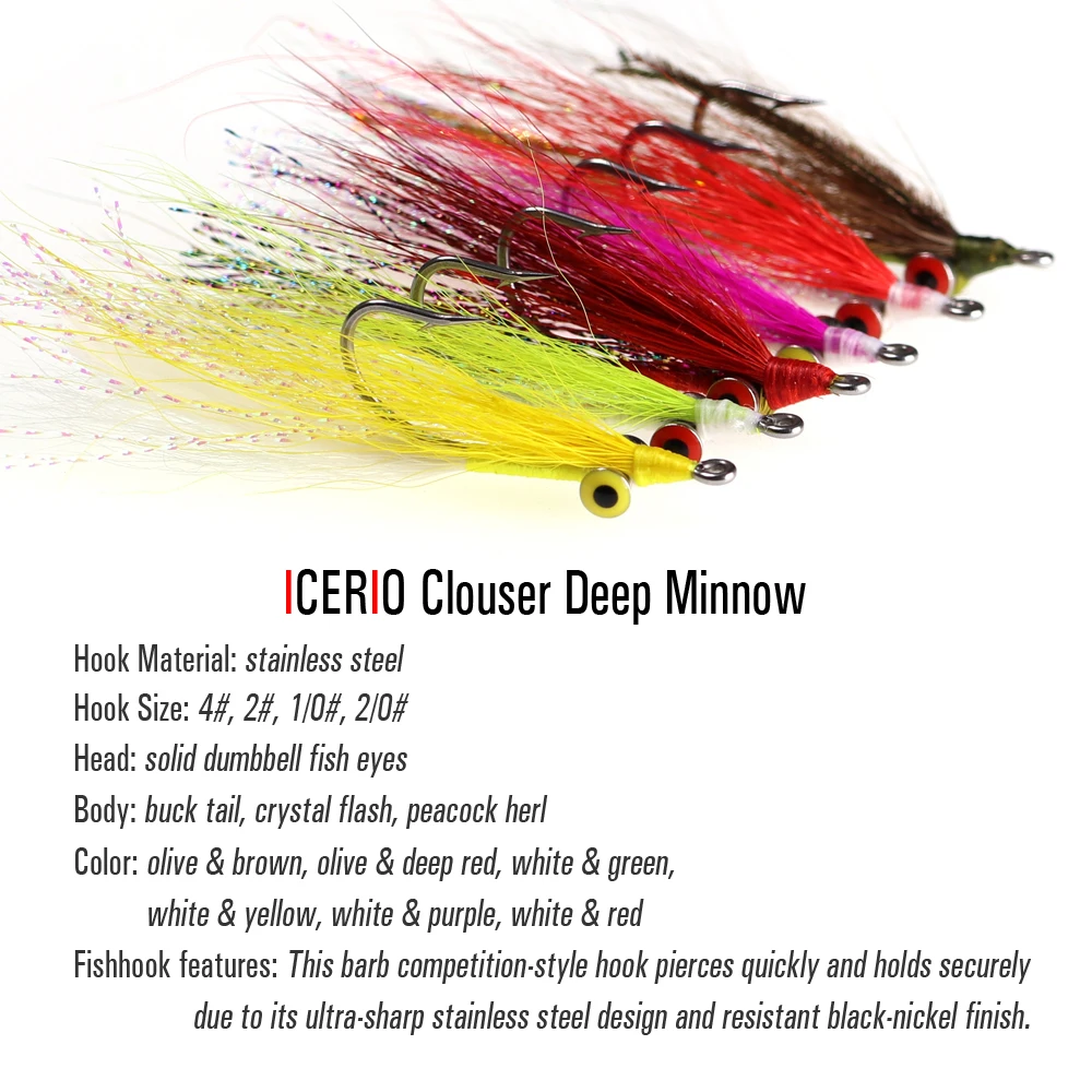 ICERIO-señuelo de pesca de agua salada, cebo Artificial para lubina, anzuelos de acero inoxidable, Streamers Minnow profundos, 10 Uds. - imagen 3