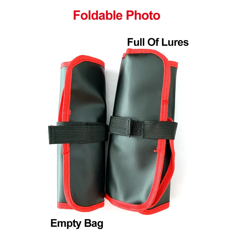 Dos bolsas para señuelos de pesca. El de la izquierda tiene la etiqueta Bolsa vacía, lo que indica que actualmente no contiene ningún señuelo. El de la derecha tiene la etiqueta Lleno de señuelos, lo que sugiere que está lleno de señuelos de pesca.