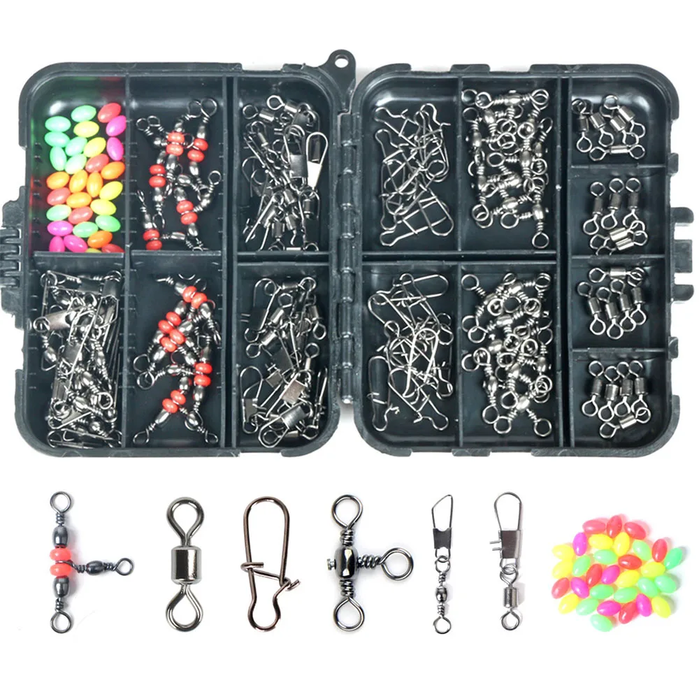 140 unids/caja aparejos de pesca Kit de giratorios de pesca con broches giratorios de barril deslizadores de plomo aparejos de conector de sedal de pesca de Triple giro