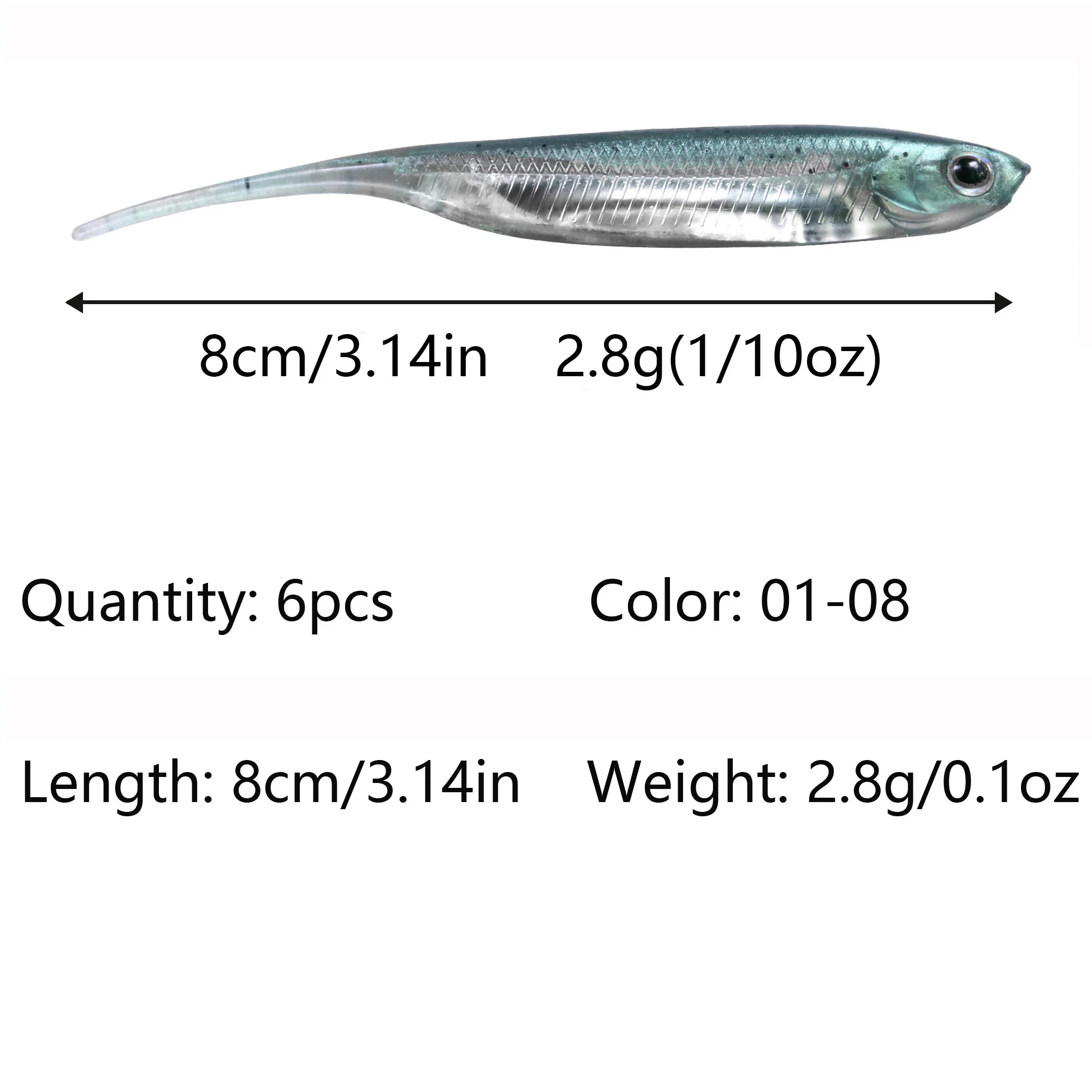 THKFISH-Señuelos blandos de silicona, 6 uds., 80mm, cola de aguja de agua dulce, cebos artificiales, señuelo de pesca suave, gusano, Swimbaits para trucha y lubina - imagen 3