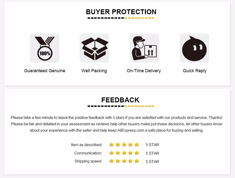 Protección del comprador Asegurar la conveniencia de calidad y la confianza con productos genuinos garantizados, envases seguros, entrega oportuna y servicio al cliente inmediato