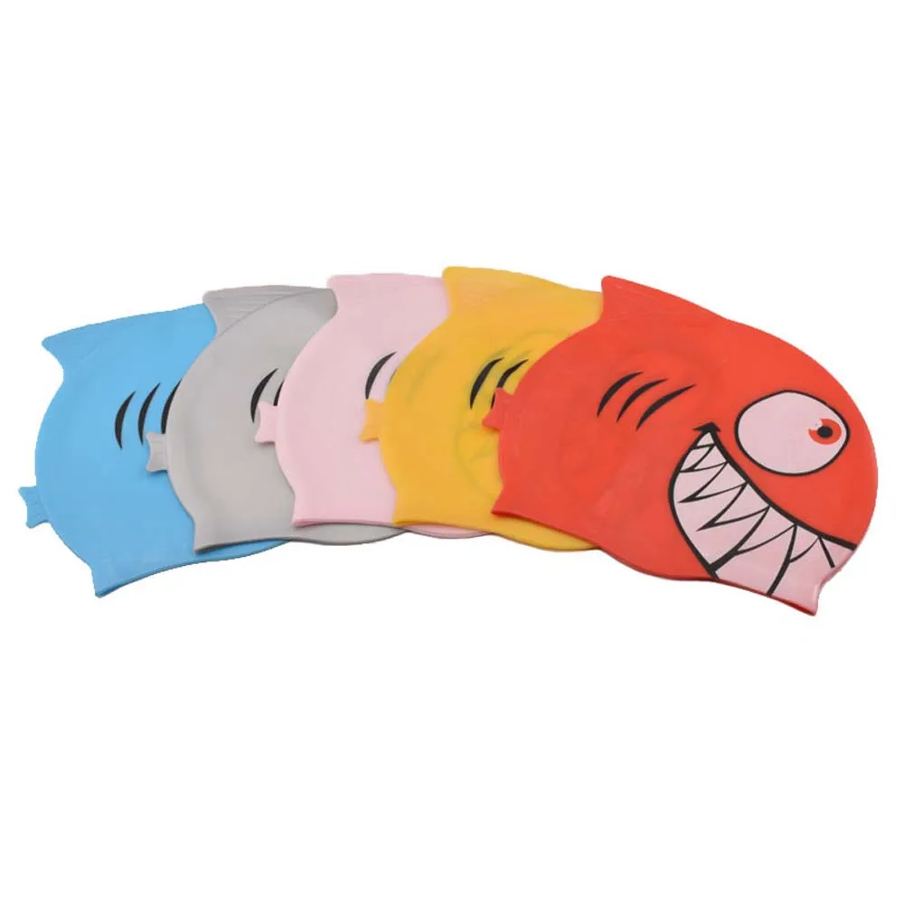 Gorro de natación de tiburón de dibujos animados para niños, gorro de piscina de silicona para niños, impermeable, protege las orejas, equipo de natación para niños y niñas - imagen 3