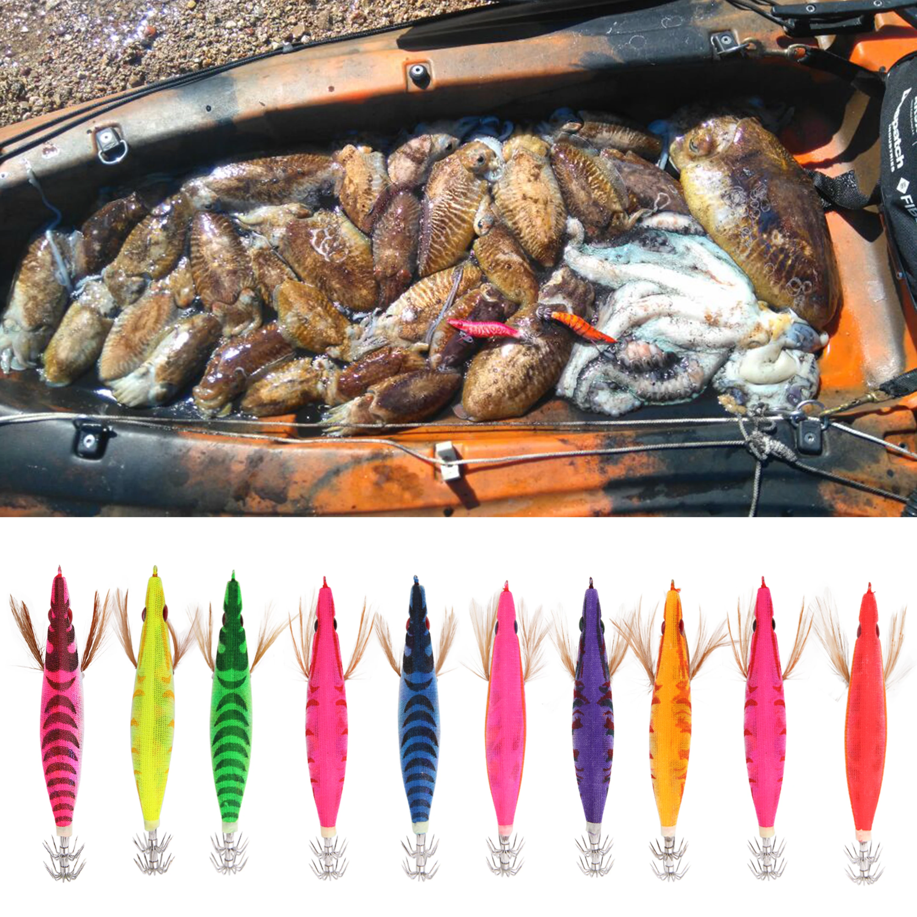 Anzuelo luminoso de calamar, Señuelos de Pesca duros artificiales de madera, 10cm-13,5 cm, 10 unidades