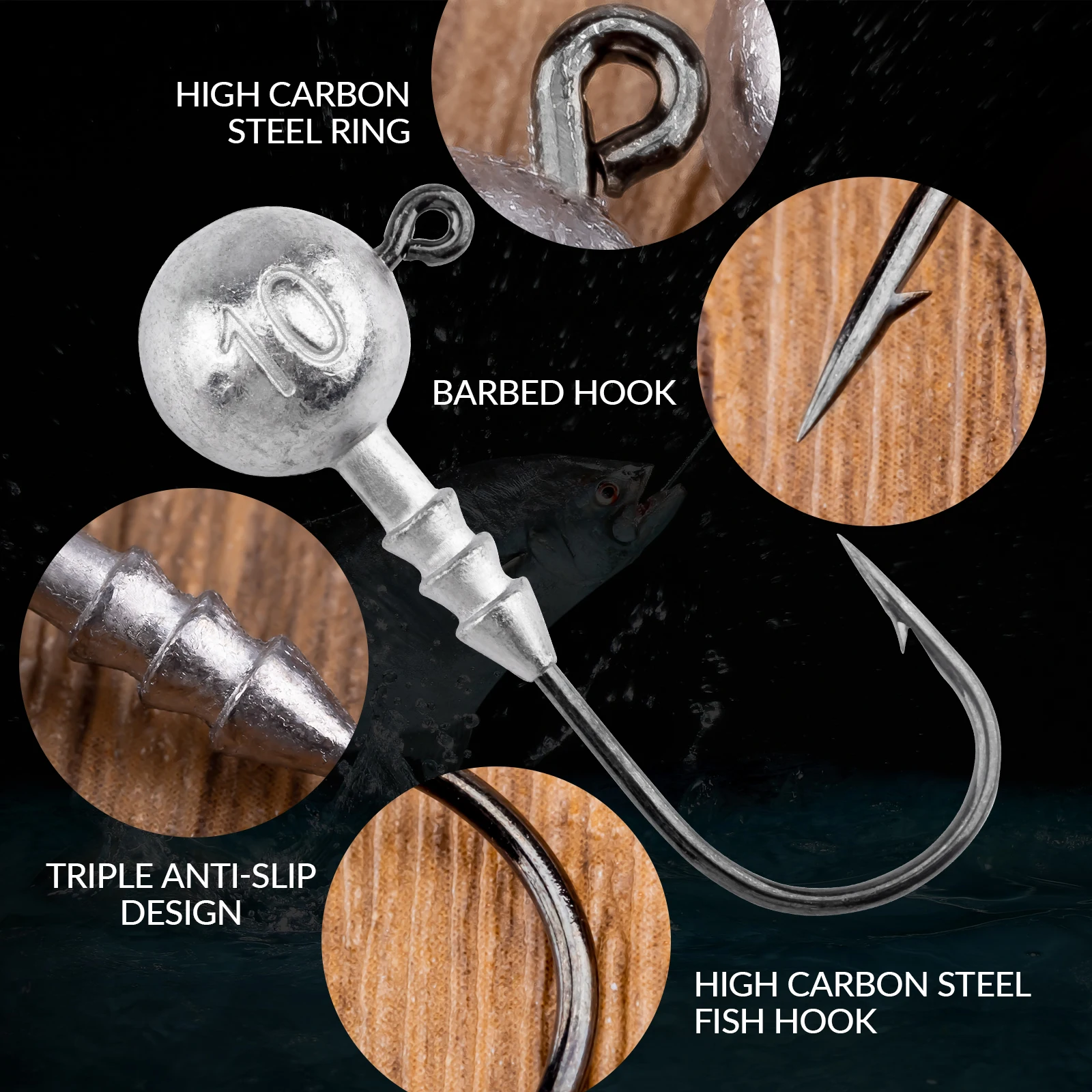 THKFISH 10 Uds anzuelos con cabeza de anzuelo 5g 7g 10g 14g bola redonda cabezas de plomo gancho para señuelo suave gusano plantillas de acero alto en carbono anzuelo - imagen 4