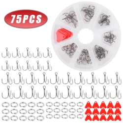 Kit de hoja de plástico en forma de corazón para pesca en agua salada, gancho triple de acero de alto carbono, doble anillo dividido, 75 unids/caja