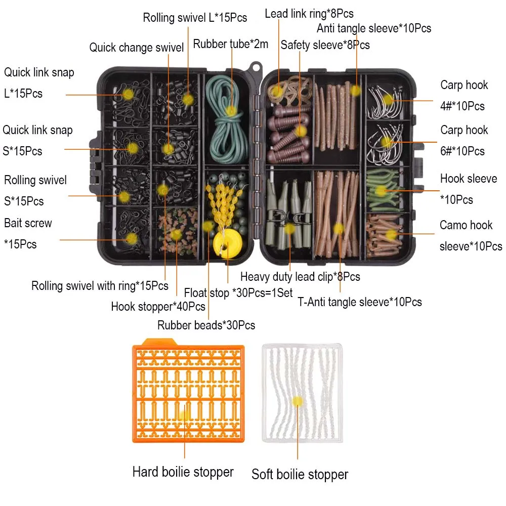 Kit de accesorios de pesca de carpa, aparejos de pesca de carpa, manga antienredos, clips de plomo, herramienta de conector giratorio de carpa, mate, 292 unids/caja - imagen 4