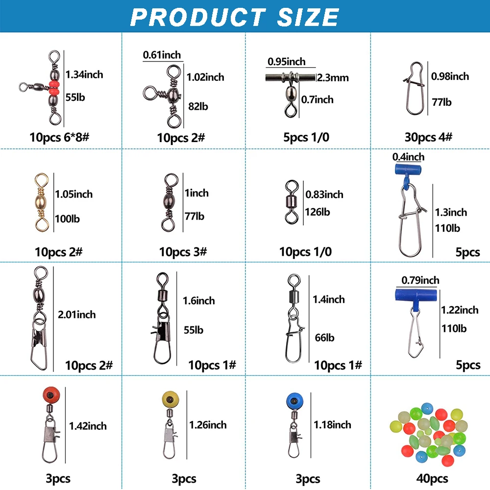 Accesorios giratorios de pesca, 174 unids/caja, Kit de aparejos que incluyen broches giratorios de barril, Cuentas deslizantes de plomada, broches de bloqueo Duo - imagen 3