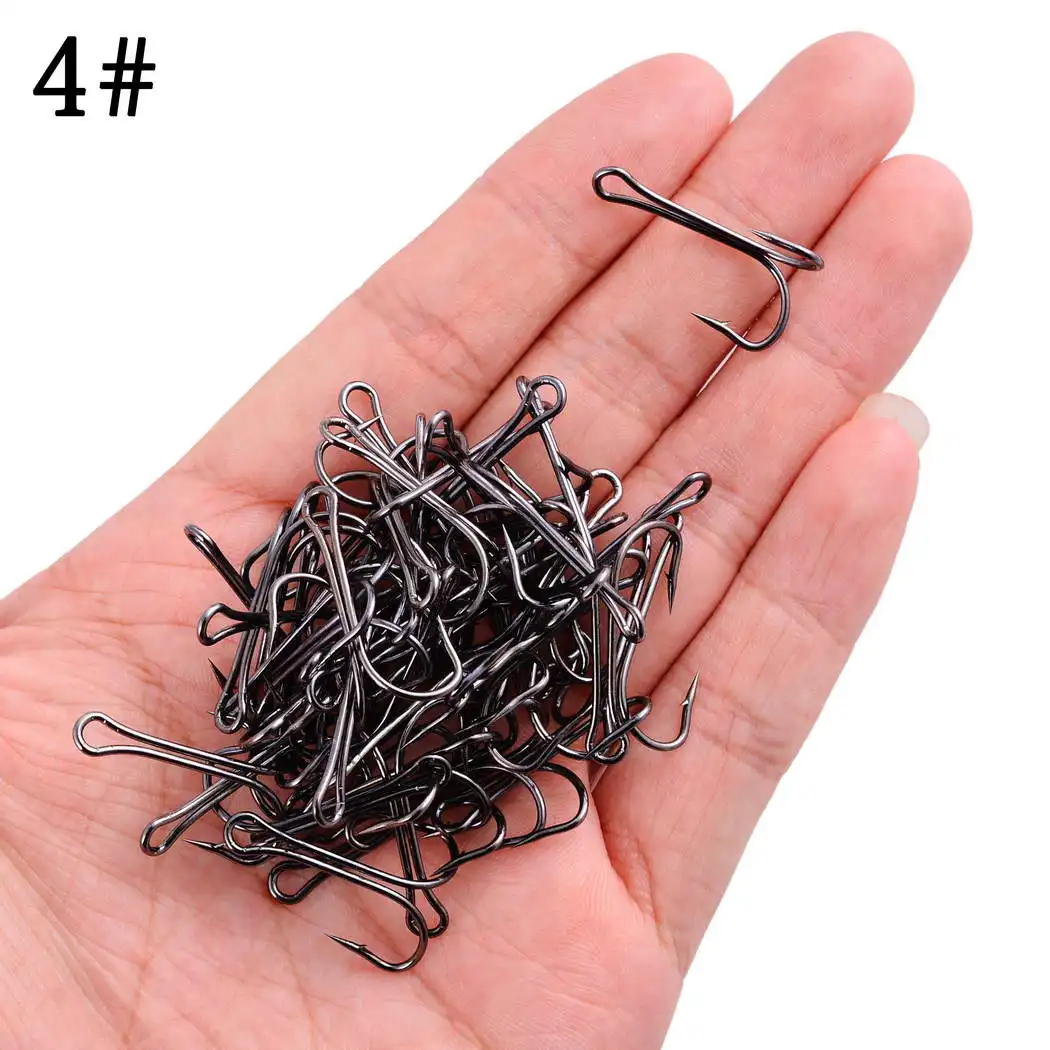 Caja duradera mostrando 10 unidades de anzuelos doble para accesorios de peces