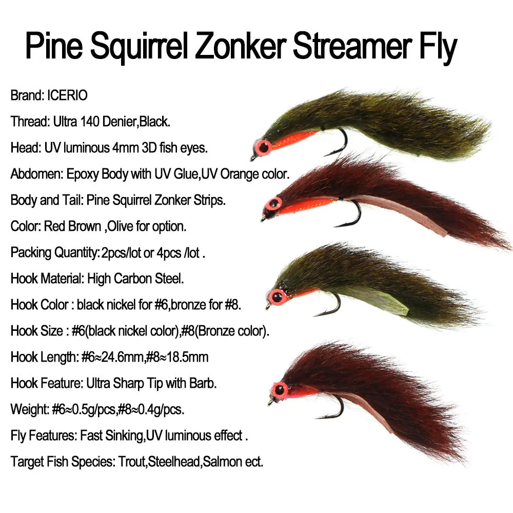 ICERIO-señuelo de pesca luminoso UV 3D, ojos de pez, ardilla de pino, Zonker, tira de mosca, Streamer, mosca para salmón, trucha, Steelhead, 6 #8 #, 2 ~ 4 piezas - imagen 2