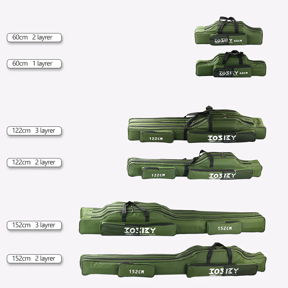 Una serie de fundas para rifles de color verde con diferentes dimensiones. Cada estuche tiene una etiqueta que indica su largo y el número de capas que puede acomodar. Los estuches están diseñados para proteger y transportar armas de fuego y probablemente estén hechos de un material duradero como nailon o poliéster.