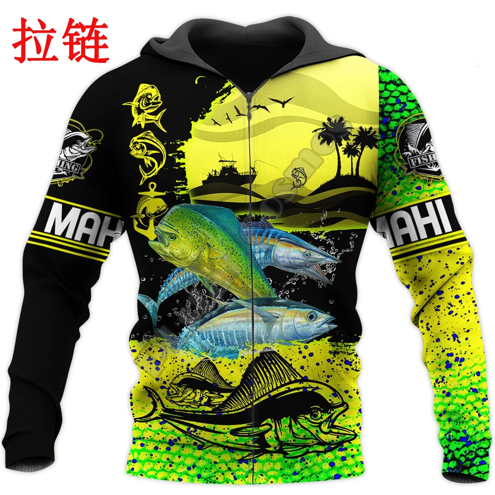 Mahi Mahi Fishing 3D completamente estampado para hombre otoño Sudadera con capucha sudadera Unisex ropa de calle Casual chaqueta con cremallera jersey KJ600 - imagen 3