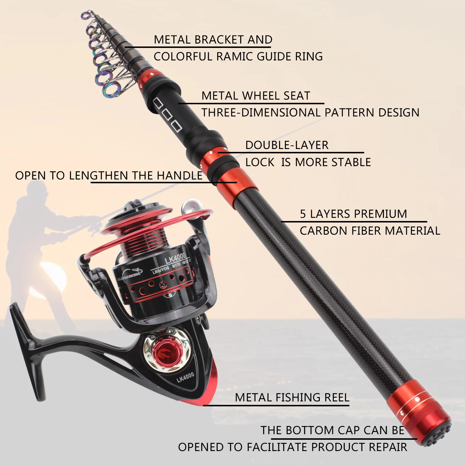 Carrete de caña de carbono para pesca dinámica, 1,8 m-3,0 m, conjunto de carretes, caña de pescar portátil para Surf en el mar - imagen 5