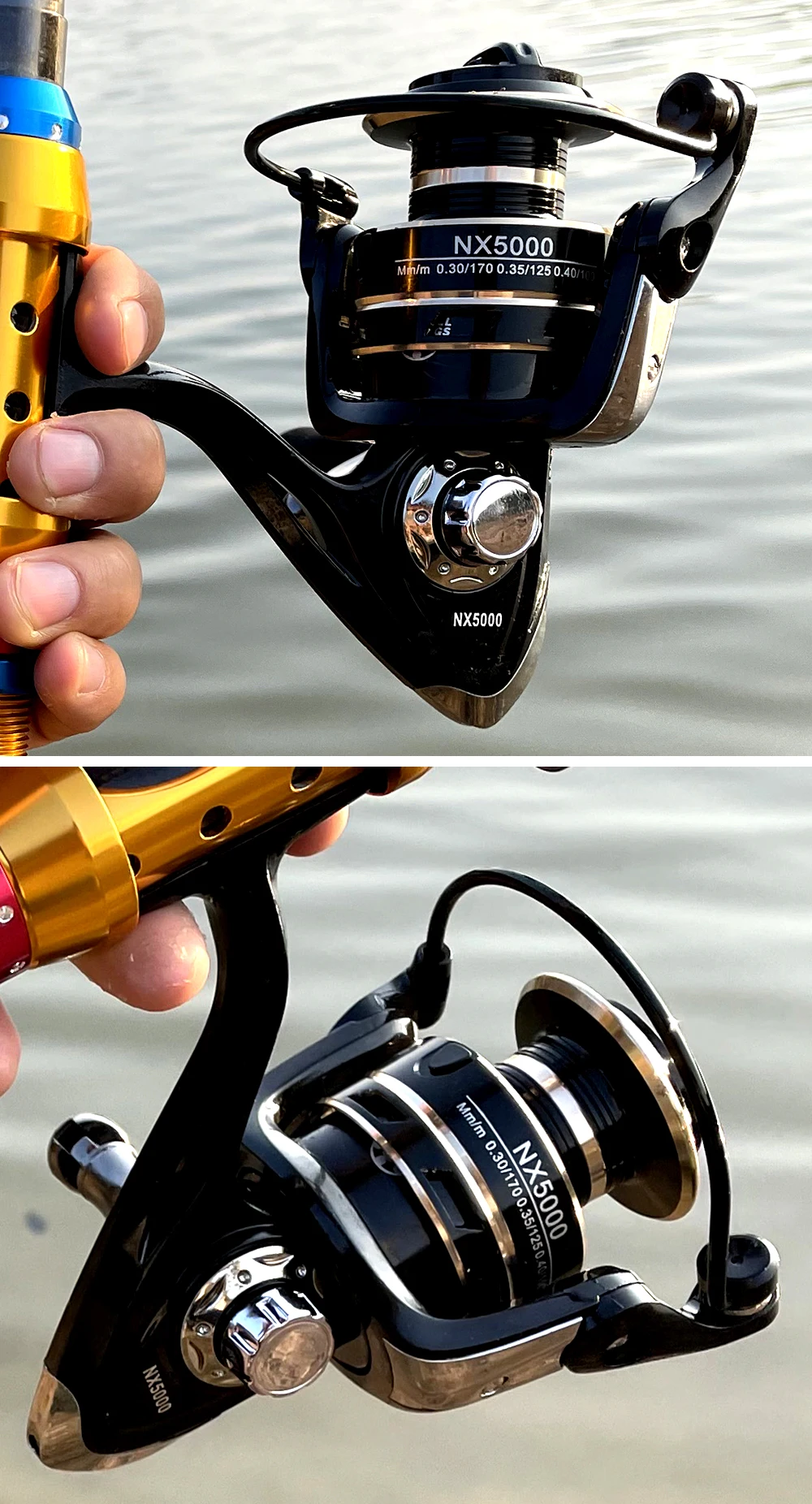 Una persona que sostiene un carrete de pesca, específicamente un carrete giratorio. El carrete lleva la marca NX5000, lo que sugiere que es un modelo de una empresa que produce equipos de pesca.