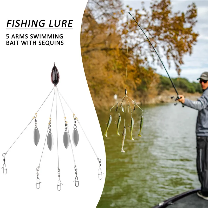 Cebo de pesca de sombrilla, aparejo de 5 brazos, 15g, 8 unidades, cuchara de metal, señuelo, aparejos de pesca para trucha, lubina - imagen 5