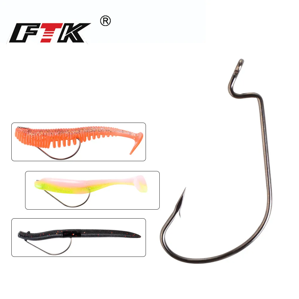 FTK-anzuelos de pesca Offset de 12-20 piezas, señuelos de gusano suave 5/0 #-4 #, aparejos de pesca con manivela anillada de acero de alto carbono - imagen 3