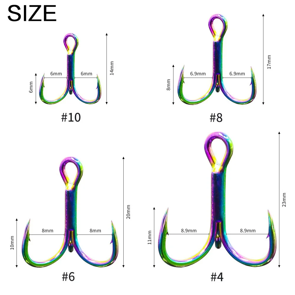 FLYSAND 10 unids/caja anzuelo de pesca triple de acero inoxidable agua salada agua dulce colorido arco iris ancla tres ganchos # 4 # 6 # 8 # 10 - imagen 2