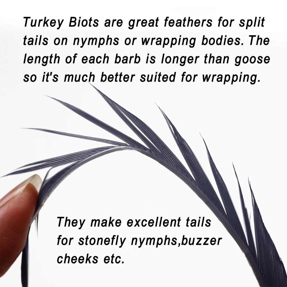 Bimoo-Biots plumas de pavo de 5 piezas, materiales naturales de atado de moscas para alas de Nymph, colas divididas, envoltura corporal, zumbador, mejillas, emergencia - imagen 3