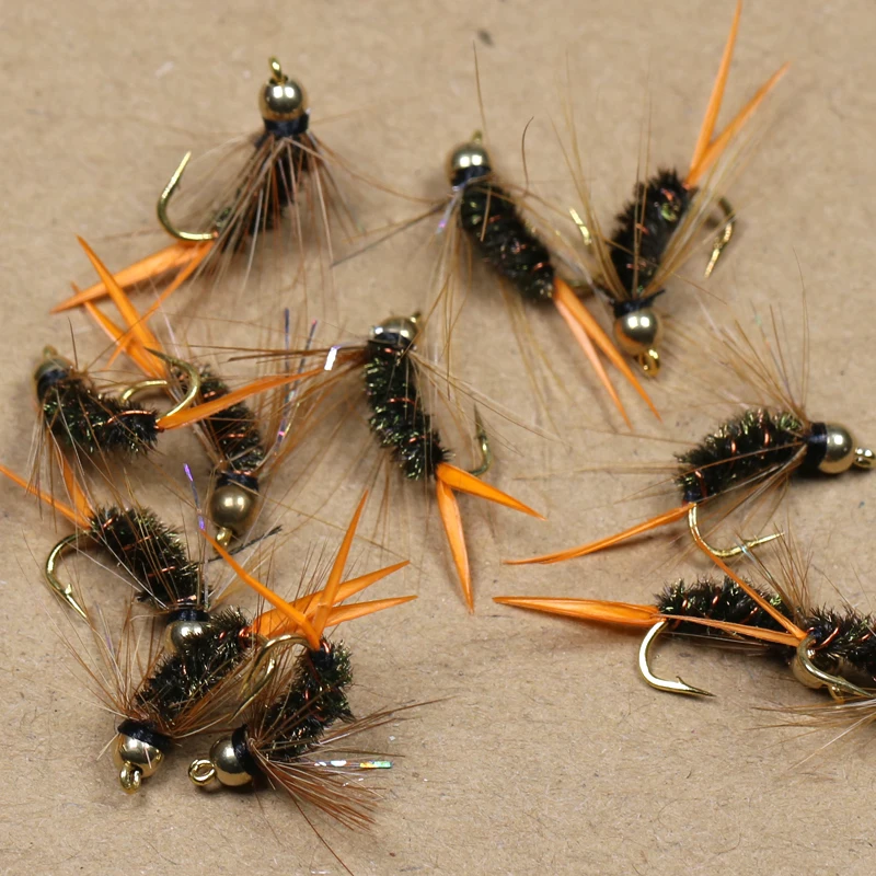 ICERIO 8 piezas #12 cabeza de cuentas de latón Hackle Pavo Real Nymph Psycho Prince Nymph trucha mosca pesca señuelos