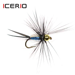 ICERIO-señuelo de pesca con cabeza de cuentas de latón para trucha, pez seco, ninfas, cabeza azul real, 6 unidades, #14