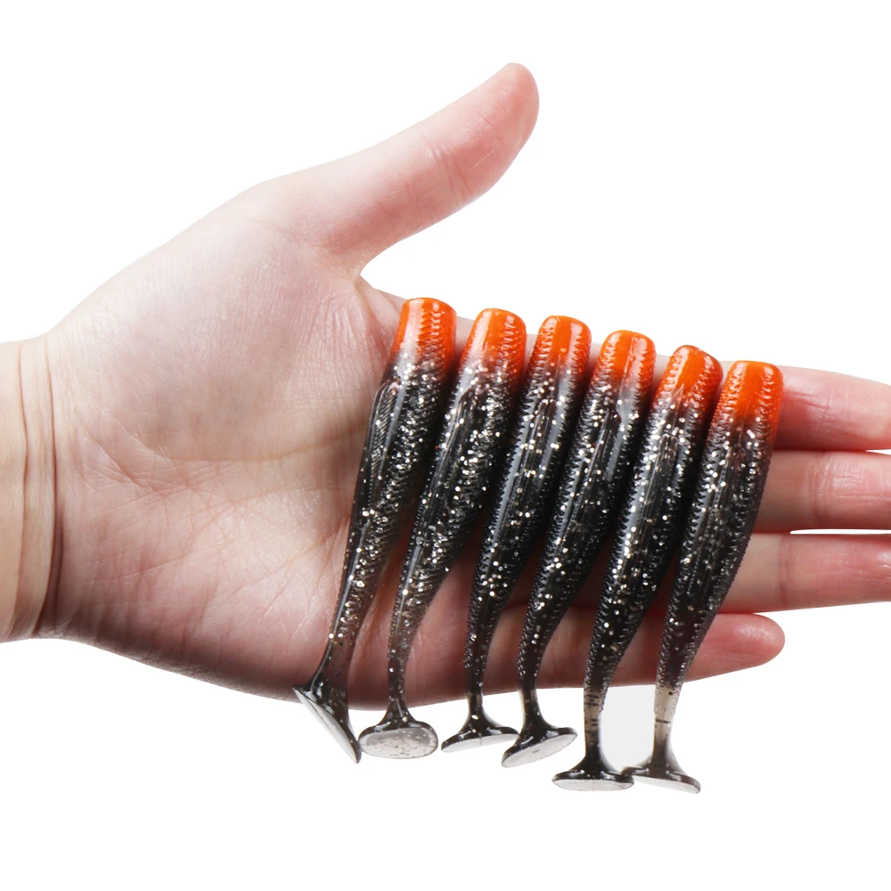 JOHNCOO 6 unids/lote señuelo suave de pesca cebo TPR 80mm 4,8g gusano de cola en T de alta elasticidad agujero negro cebo flotante Jigging Wobblers - imagen 5