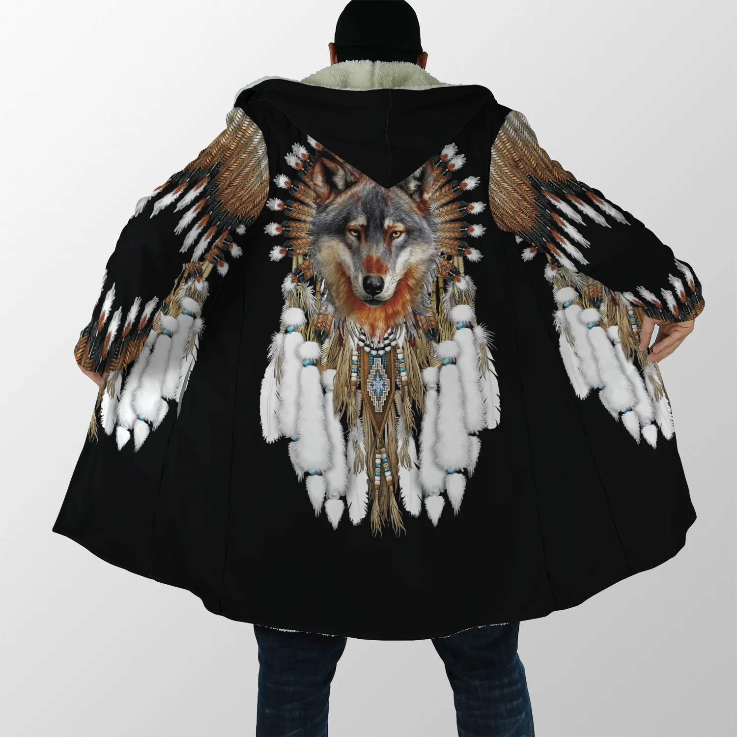 Abrigo invernal con capucha de lana y estampado tribal lobo - imagen 4