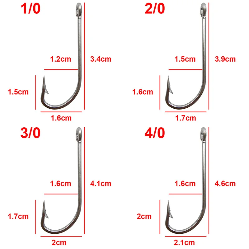 Anzuelos de acero inoxidable para pesca, anzuelos grandes, extra largos, anzuelos blancos, tamaño 1/0-10/0, 40 Uds.